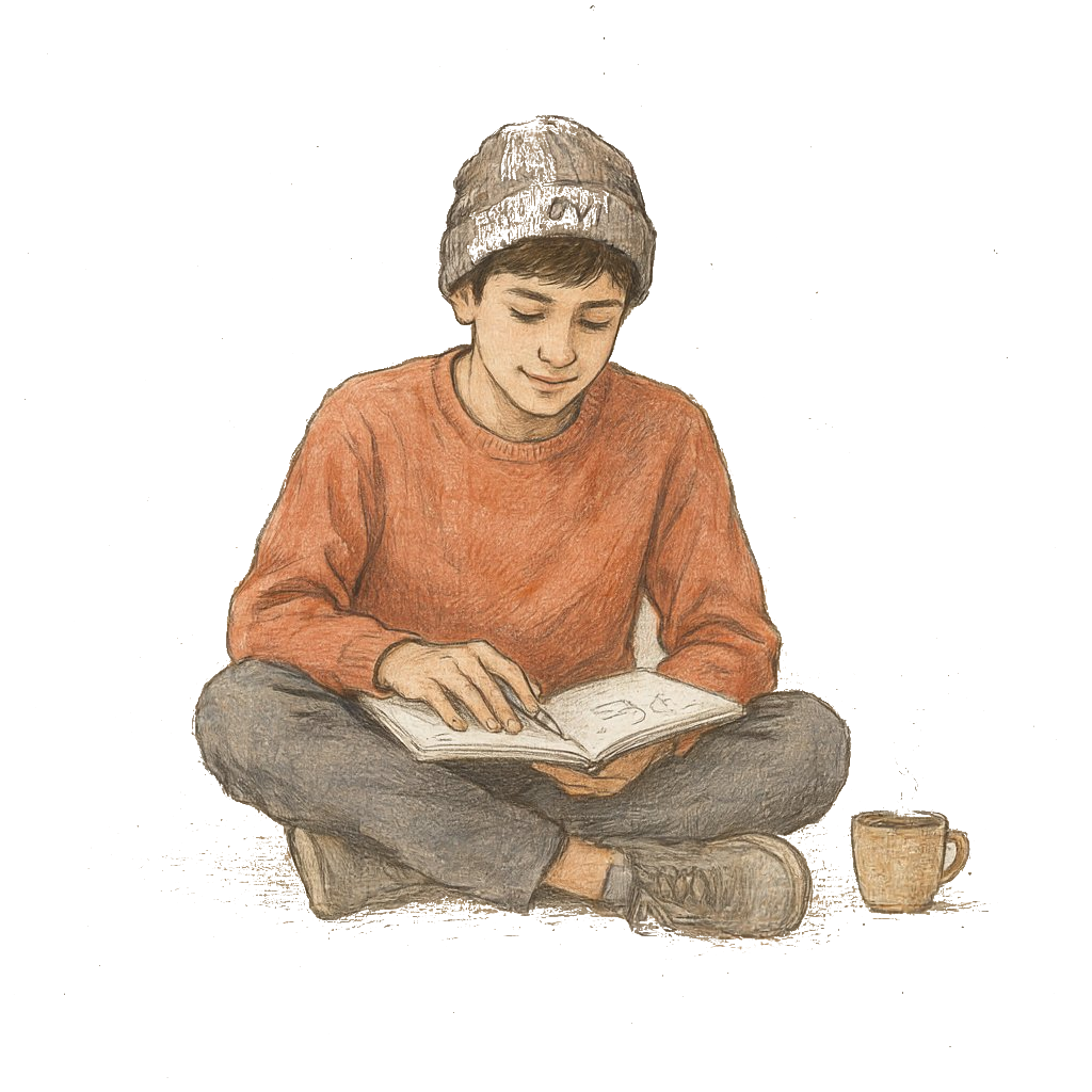 A calm student in an OVI beanie studying with a notebook and a warm cup